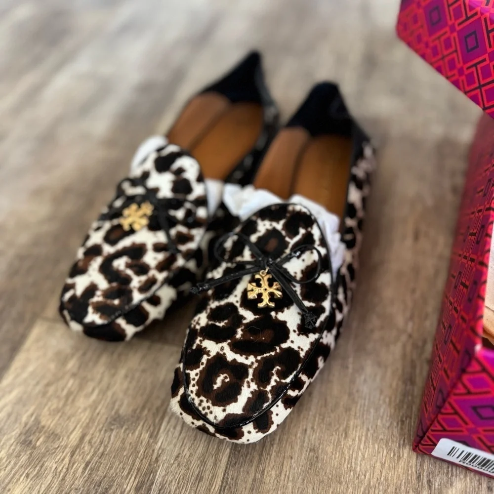Excellent Condition! TORY BURCH Leopard Print Genuine Calf Hair Loafers/Mules